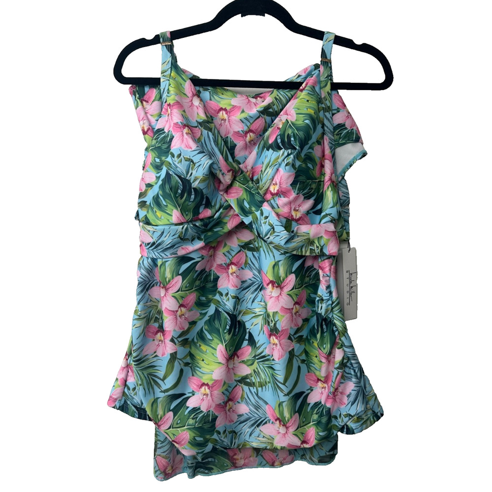 NEW Nicole Miller Swimsuit Tankini Set with Sarong Set 1X Ornate Orchid A50